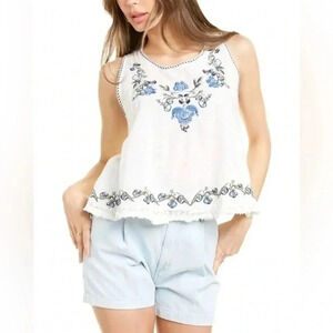 MAX STUDIO | White w/ Blue Floral Embroidered Bohemian Cotton Top Size S